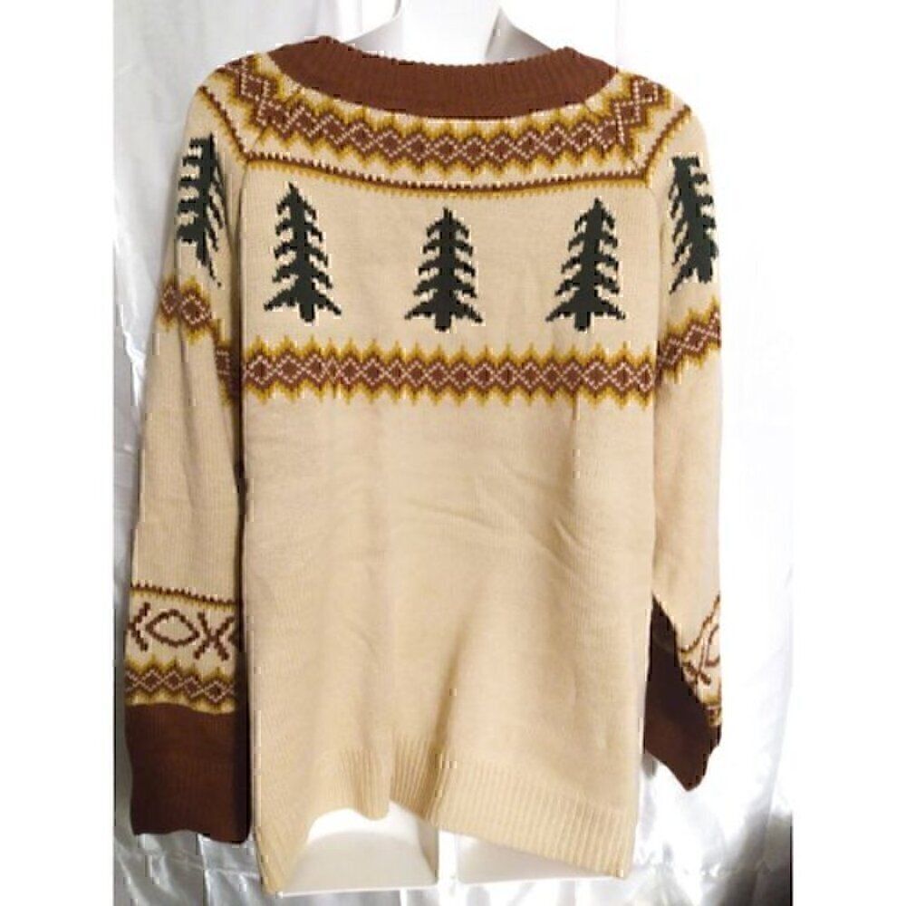 Fair Isle Christmas Tree Pattern Pull Over Crew Neck Brown Sweater  plus 3X kjp - Picture 2 of 8